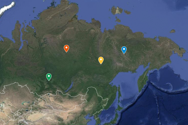 Красный маркер – Эконда; синий – Буордахский горный массив; желтый – Якутск; зеленый – Красноярск. Поселок Баяга не удалось найти на карте.